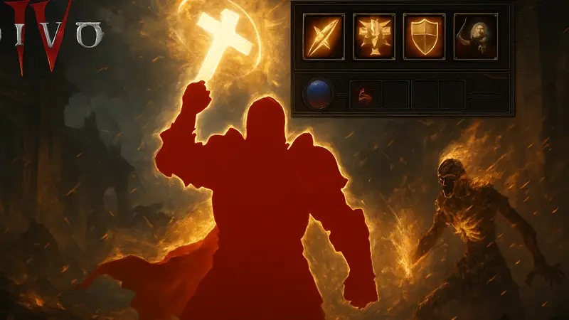Игровой персонаж Паладин из Diablo 4 демонстрирует способности в бою, на фоне интерфейса игры и спецэффектов.