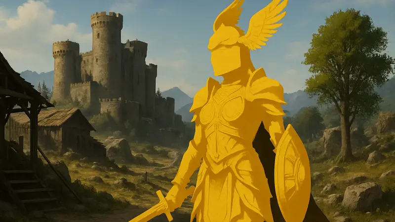 Дамиана в золотом комплекте брони «Свет поля битвы» в игре Crimson Desert