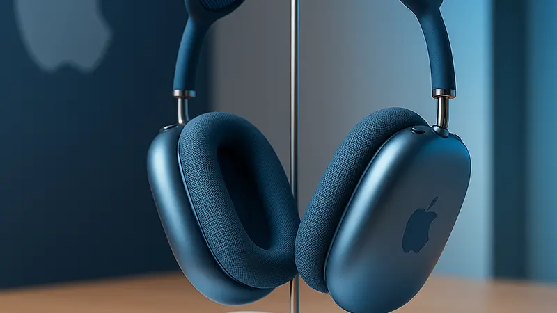 Беспроводные наушники Apple AirPods Max синего цвета на демонстрационном стенде.