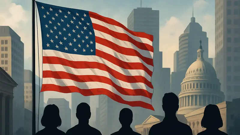 Американский флаг на фоне зданий, символизирующий законы о слежке США и приватность