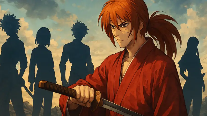 Самурайский персонаж из аниме Rurouni Kenshin, держащий катану на фоне других аниме героев.