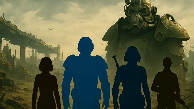 Постер или кадр из сериала Fallout, изображающий главных героев на фоне постапокалиптического мира Пустоши.