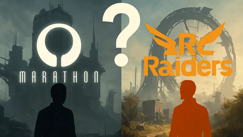 Логотипы игр Marathon и Arc Raiders, разделённые или с вопросительным знаком, символизирующие сравнение