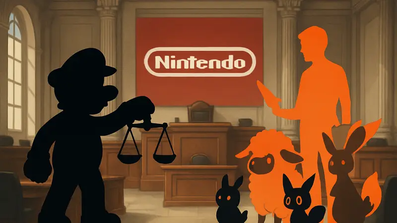 Логотип Nintendo и персонажи Palworld, символизирующие судебный спор о патентах