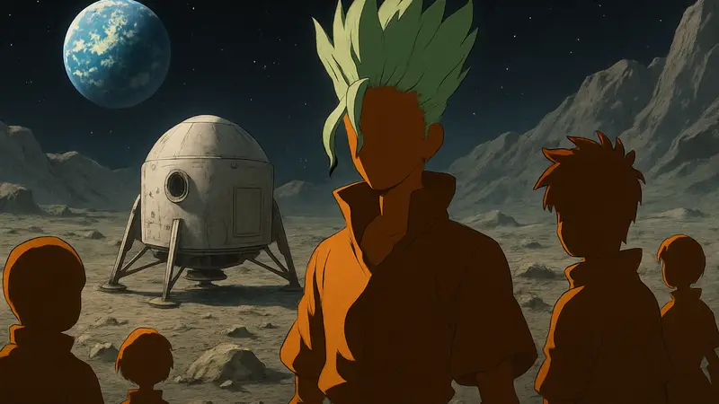 Кадр из аниме Dr. Stone Сезон 4, показывающий Сэнку и его команду на лунной миссии.