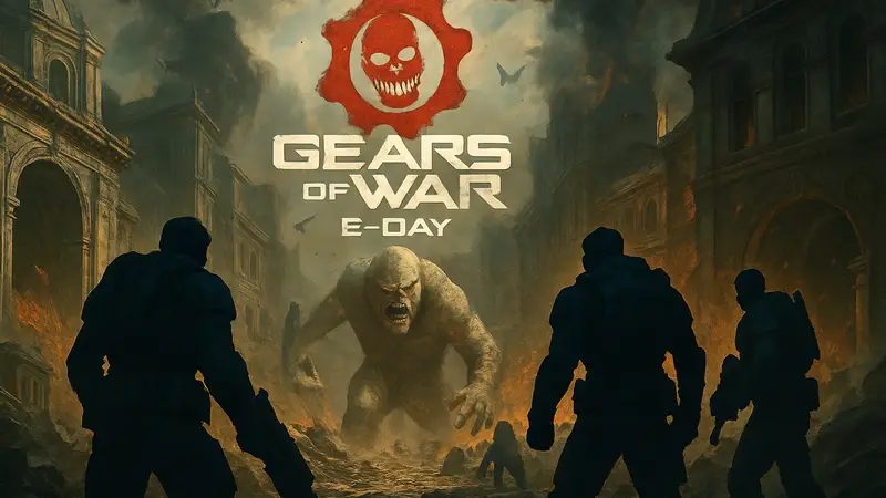 Постер или скриншот Gears of War E-Day, демонстрирующий раннюю стадию вторжения Саранчи и героев игры