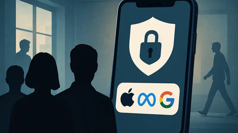 Смартфон с иконками Apple, Meta, Google, символизирующими защиту от шпионского ПО.
