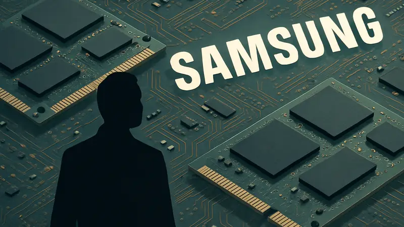 Логотип Samsung на фоне микросхем памяти