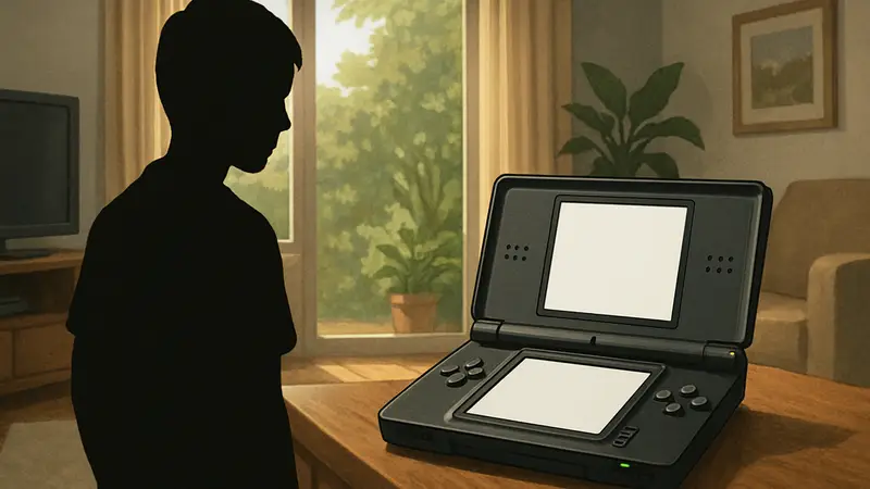 Изображение портативной консоли Nintendo DS Lite с зелёным индикатором заряда.