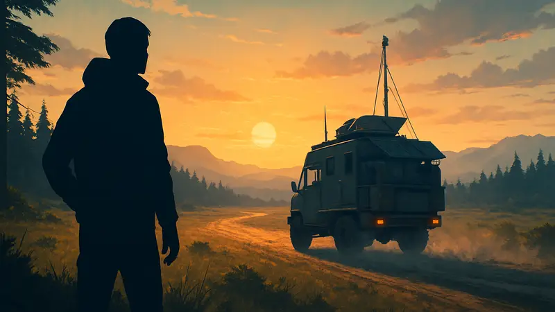 Скриншот Outbound с мобильной базой, едущей по открытому миру, на фоне заката.