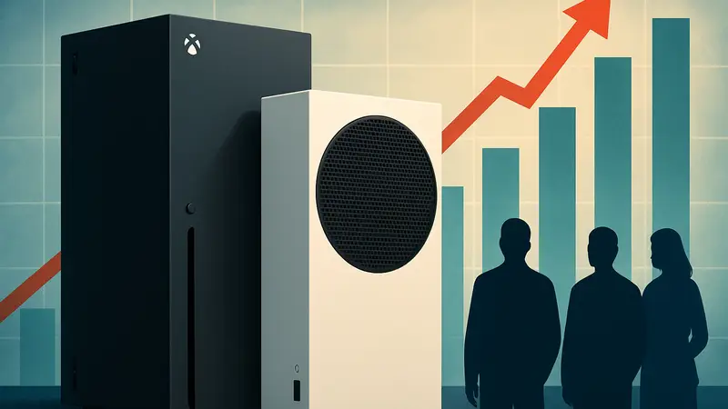 Консоль Xbox Series X или Xbox Series S на фоне диаграмм роста продаж в США.