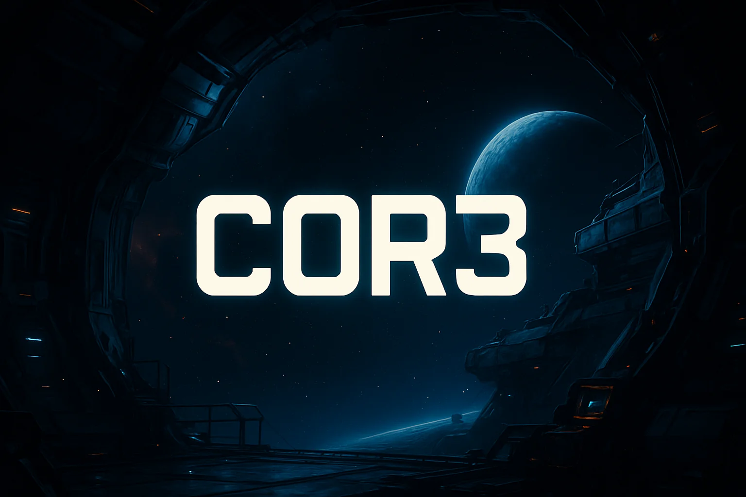 Темное изображение с логотипом Cor3 и элементами космического корабля или станции, анонсирующее новую игру Никиты Буянова.