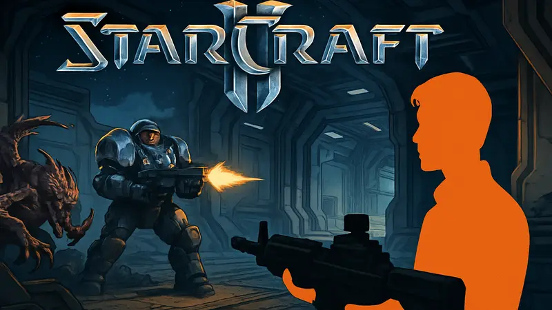 Логотип StarCraft с элементами шутера и силуэт разработчика Perfect Dark