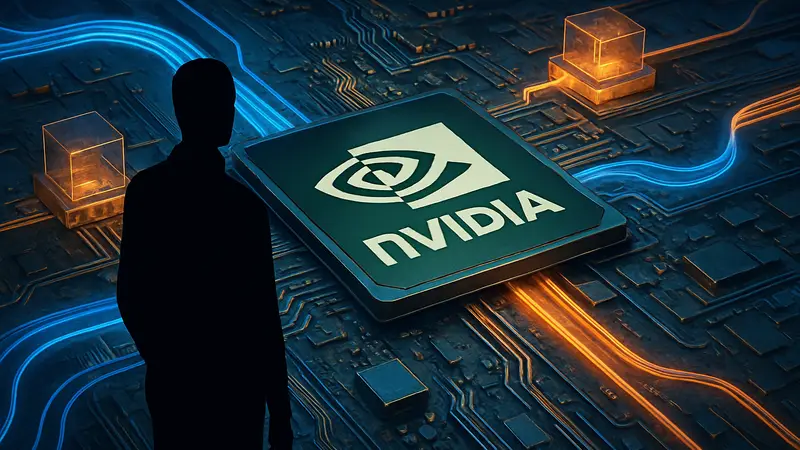 Логотип Nvidia на фоне футуристических микросхем или оптических элементов.