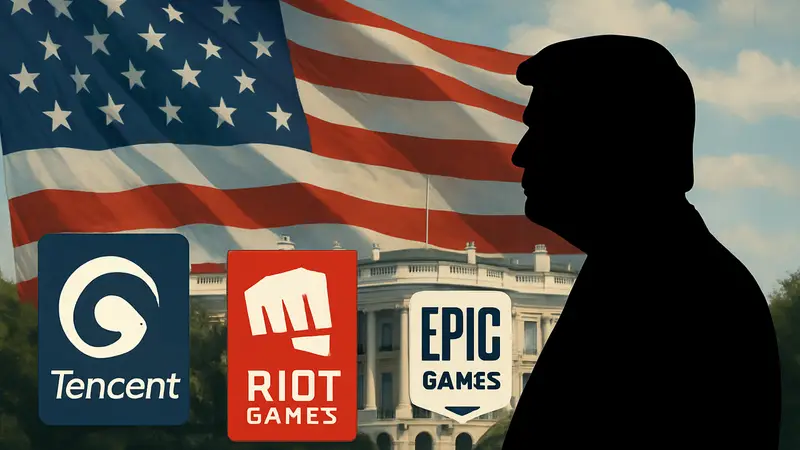 Логотипы Tencent, Riot Games и Epic Games на фоне флага США и Белого дома.