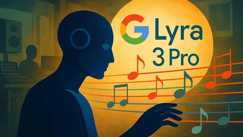 Изображение, символизирующее искусственный интеллект, создающий музыку, с логотипом Google Lyria 3 Pro.