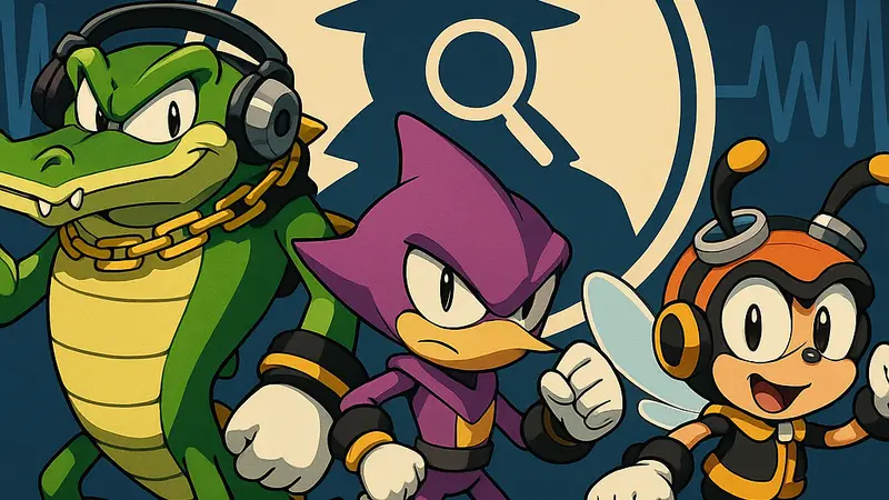 Команда Chaotix из вселенной Соника: Вектор, Эспио и Чарми, на фоне знака детектива, аудиодрама