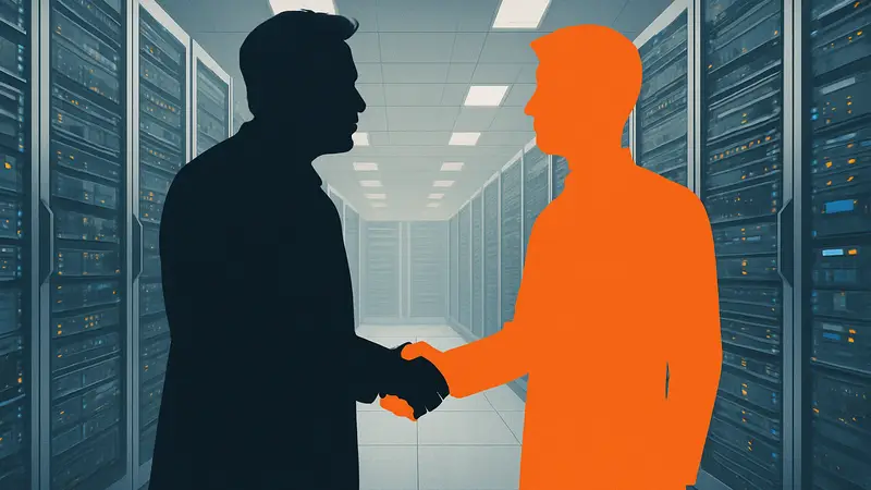Илон Маск и представители Anthropic пожимают руки на фоне серверов, символизируя сделку по дата-центрам Colossus.