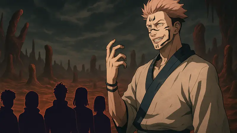 Изображение Сукуны из аниме Jujutsu Kaisen на фоне его домена.