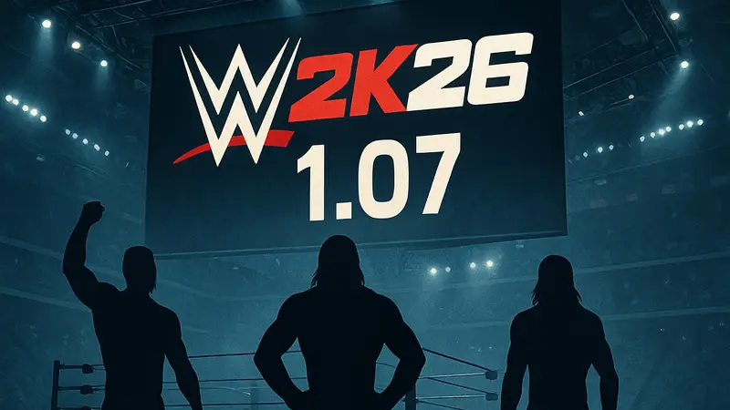Логотип WWE 2K26 и номер патча 1.07. Обновление для рестлинг-игры.