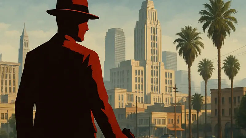 Изображение с главным героем L.A. Noire детективом Коулом Фелпсом на фоне города