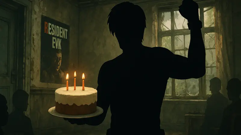 Леон Кеннеди из Resident Evil Requiem, празднующий успех игры, возможно, с тортом
