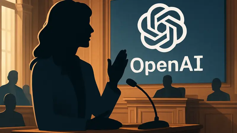 Мира Мурати выступает в суде на фоне логотипа OpenAI, обсуждая безопасность ИИ.