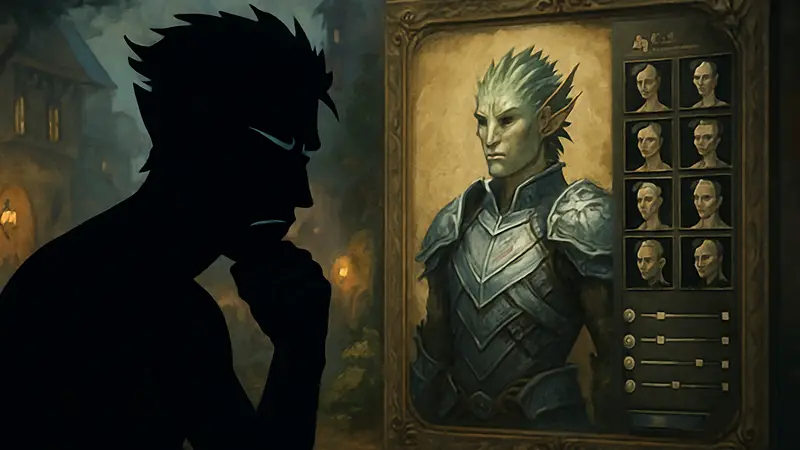 Персонаж из Guild Wars 2, недовольно рассматривающий интерфейс настройки внешности.