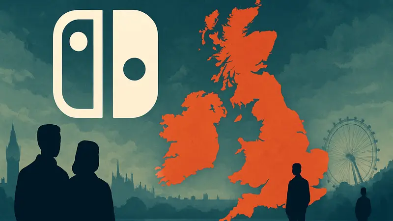 Логотип Nintendo Switch и карта Великобритании, символизирующие доминирование на рынке консолей.