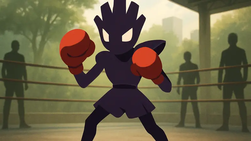 Изображение покемона Hitmonchan, демонстрирующего свои боевые стойки и перчатки