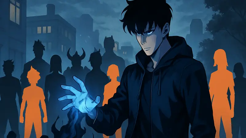 Сун Джинву из Solo Leveling, призывающий армию теней, с другими аниме-персонажами на заднем плане.