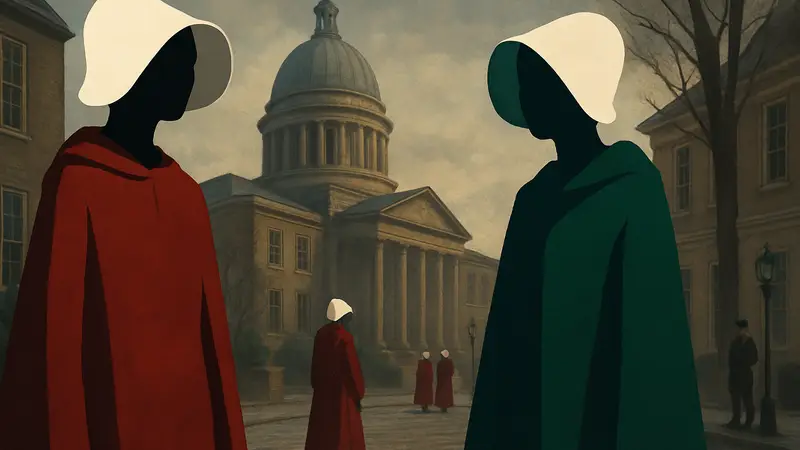 Актрисы из сериалов "Рассказ служанки" и "Заветы", символизирующие продолжение истории в мире Галаада на стриминговой платформе Hulu.