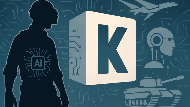 Логотип Krafton на фоне символов искусственного интеллекта и оборонных технологий.
