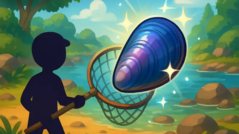 Игровая иллюстрация мидии, пойманной в Heartopia, с блестящим эффектом редкости.
