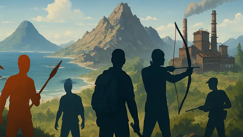 Изображение различных Open-World Survival игр 2026 года с элементами океана, гор и заводов.