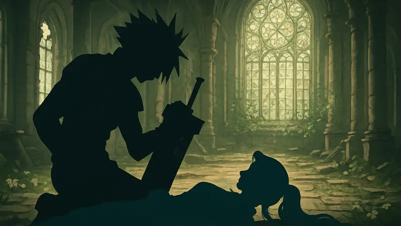 Клауд и Айрис из игры Final Fantasy 7, сцена со спойлерной цитатой