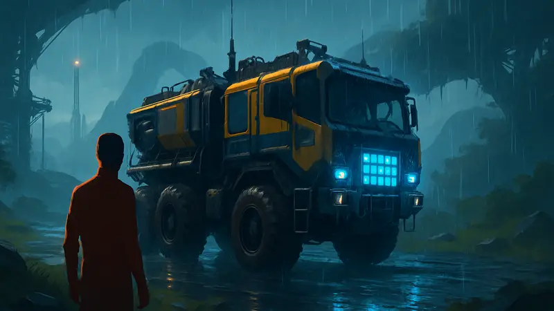 Игровой скриншот Satisfactory: футуристический грузовик под "технологичным дождём" после обновления 1.2.
