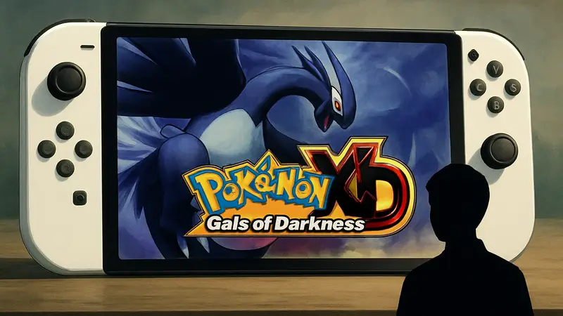 Логотип Pokémon XD: Gale of Darkness на фоне консоли Nintendo Switch 2