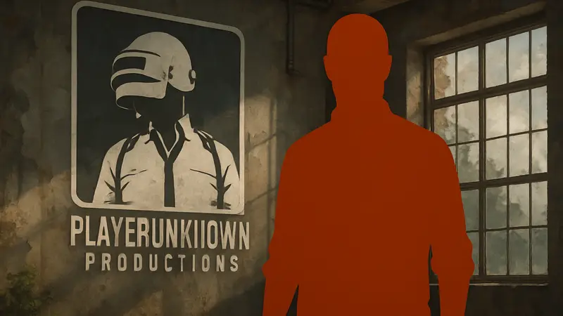Брендан Грин (PlayerUnknown) на фоне логотипа его студии PlayerUnknown Productions.