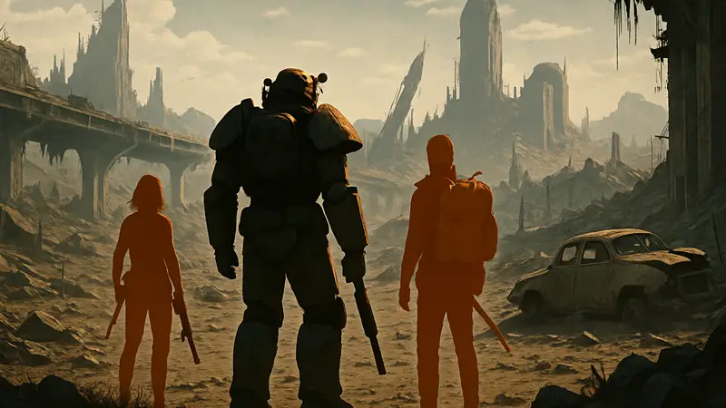 Герои сериала Fallout в Пустоши, исследующие разрушенный мир.