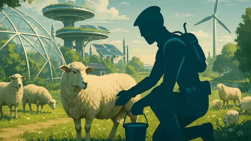 Персонаж Solarpunk на футуристической ферме с овцами, собирающий молоко для торговли.