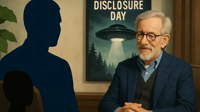 Стивен Спилберг на интервью, постер фильма Disclosure Day с элементами НЛО.