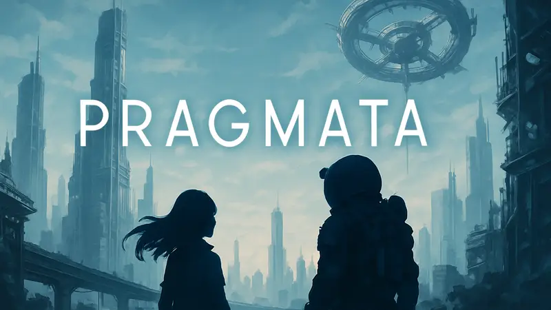 Логотип игры Pragmata на фоне футуристического пейзажа