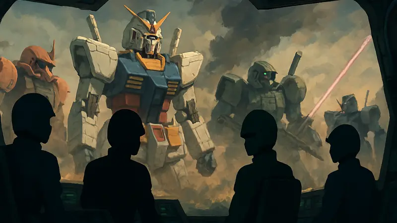 Изображение популярных пилотов Gundam в кабинах своих мобильных костюмов на поле боя.