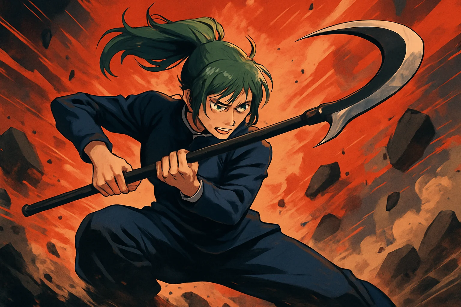 Маки Зенин из аниме Jujutsu Kaisen в динамичной позе, символизирующая боевые сцены и аниме-сериалы.