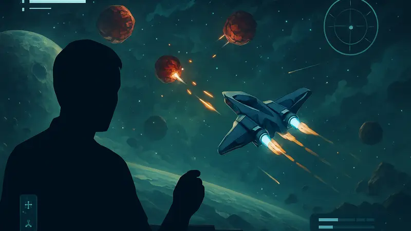 Геймплей Hero Wing: космический корабль в полёте, стреляющий по врагам, элементы интерфейса, леталка