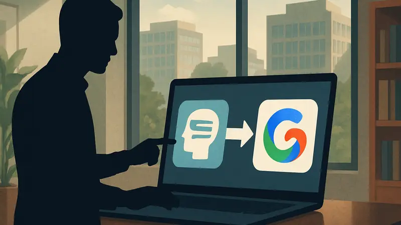 Пользователь импортирует данные из одного ИИ в Google Gemini, символизируя переход.