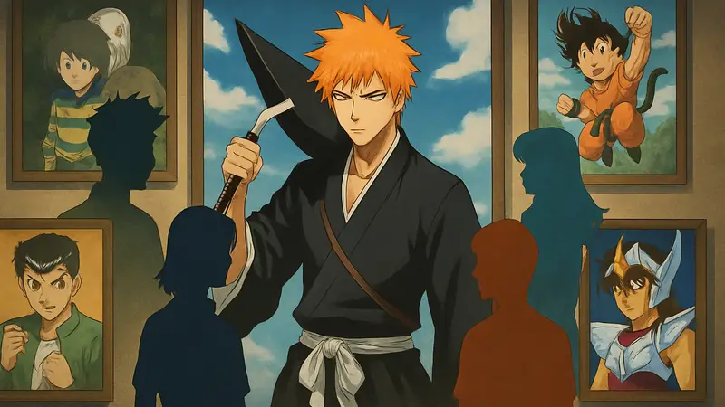 Обложка аниме Bleach, окруженная изображениями из Yu Yu Hakusho, Dragon Ball, GeGeGe no Kitaro и Saint Seiya, вдохновивших авторов.