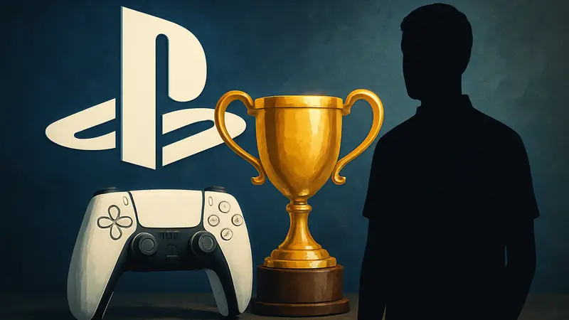 Логотип PlayStation, золотой трофей и геймпад DualSense.