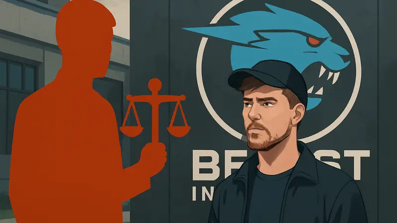 Ютубер MrBeast на фоне логотипа Beast Industries, иск против компании